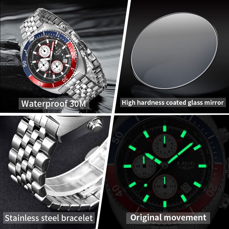 LIGE-Relógio de quartzo militar masculino, impermeável, cronógrafo esportivo, luxo, negócio, marca de topo, moda