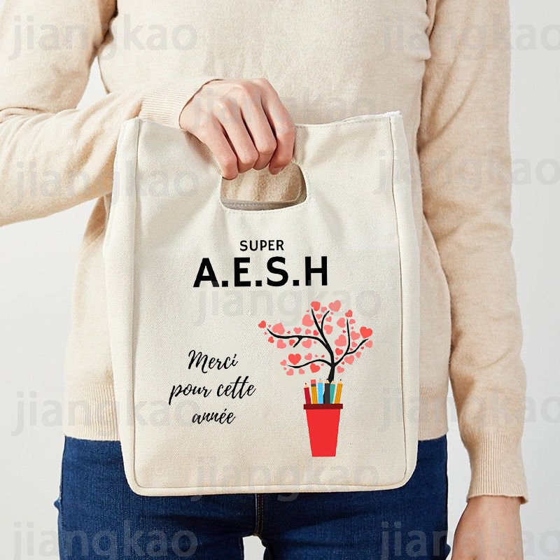 Merci Super AESH Print Cooler Lunch Bag Portable Insulated Canvas Lunch Bags Thermal School Food Storage Pouch regali per AESH