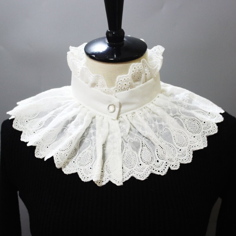 Women Vintage Embroidery Paisley Big Shawl Ruffled Stand Fake Collar Victorian Steampunk White Scarf Half Shirt Drop Shipping
