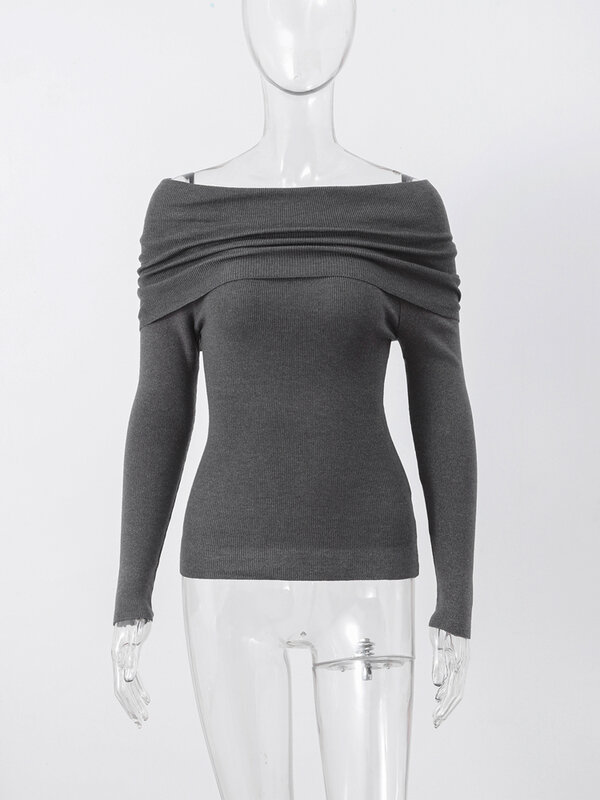 여성용 슬래시 넥 니트 풀오버, 섹시한 슬림 긴팔 얇은 여성 스웨터, 우아한 오프 숄더 레이디 탑 스트리트웨어, 2024 용수철