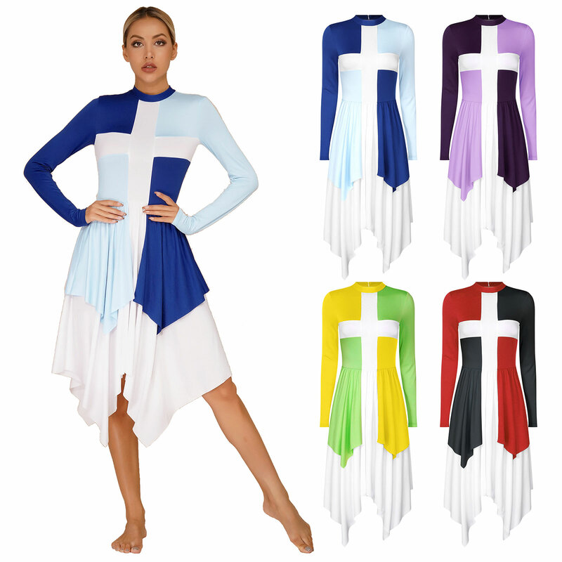 Женское платье для литаргических танцев с цветными блоками, одежда для танцевальных выступлений, одежда для выступлений, костюм для поклонения с длинным рукавом