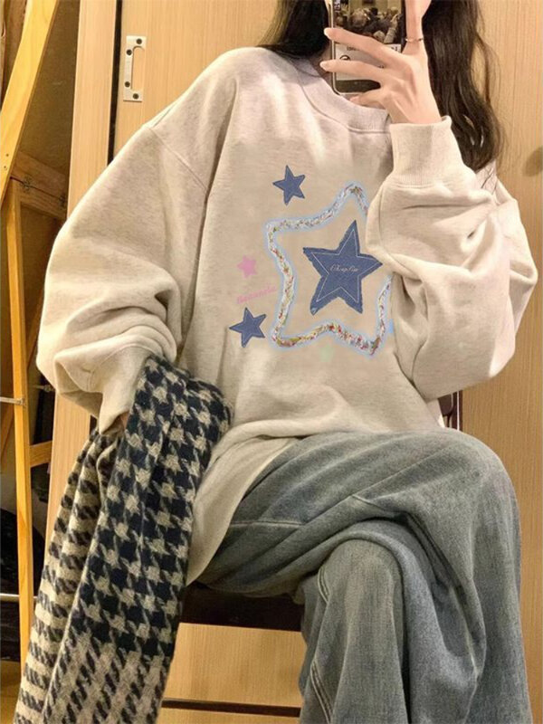 Deeptown Y2K Vintage Star Graphic Sweatshirts Women Harajuku Kawaii Oversized Hoodies Korean Loose Casual Tops Grunge Streetwear