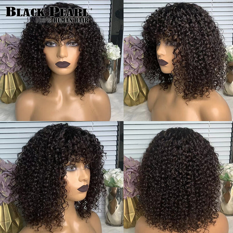 Pelucas de cabello humano brasileño rizado con flequillo para mujeres negras, pelo Remy corto hecho a máquina, sin pegamento