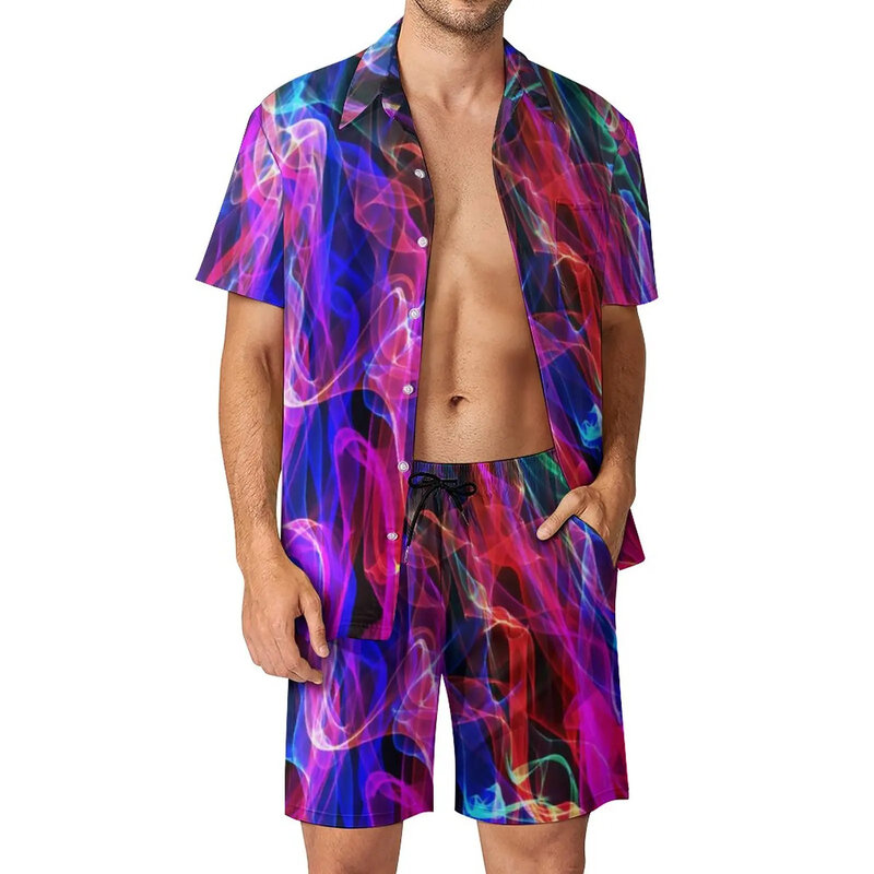Conjunto de camisa con estampado 3D de arcoíris para hombre, ropa informal de manga corta, pantalones cortos de playa de gran tamaño, ropa de calle hawaiana