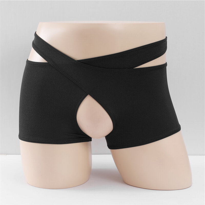 Open Crotch Men's Boxer Briefs Cross Bandage Low Waisted Short Underpants Cotton Solid Color Comfortable Panties Lingerie