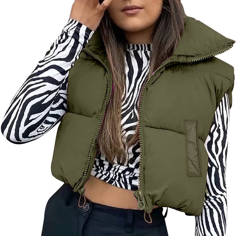 여성용 따뜻한 크롭 조끼, 민소매 스탠드 칼라, 양면 경량 크롭 퍼퍼 조끼 재킷, 여성 코트, 가을