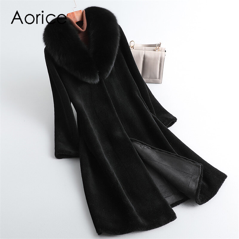 Aith-女性用の本物のウールの毛皮のコート,冬の毛皮のコート,暖かく,本物のキツネの襟,レインコート,トレンチct197