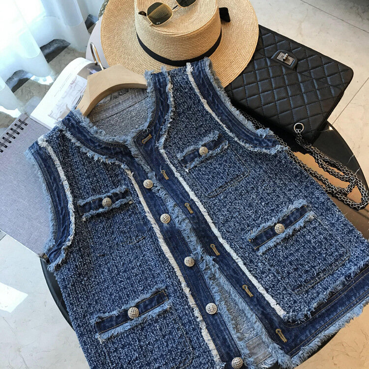 Colete jeans casual com decote em O feminino, estilo coreano, sem mangas, casaco solto de peito único, azul Y2K, moda de rua, verão, 2023