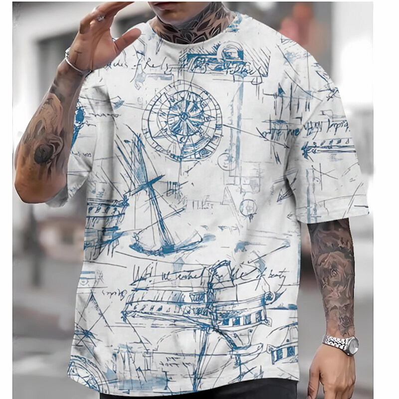 T-shirt à manches courtes pour hommes avec boussole imprimée en 3D, haut rétro, vêtements de rue respirants, t-shirt d'été