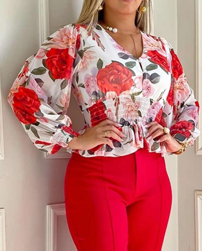 Two Piece Set Women Outfit Spring Fashion Floral Print Shirred V-Neck Long Sleeve Top & Casual High Waist Daily Flared Pants Set