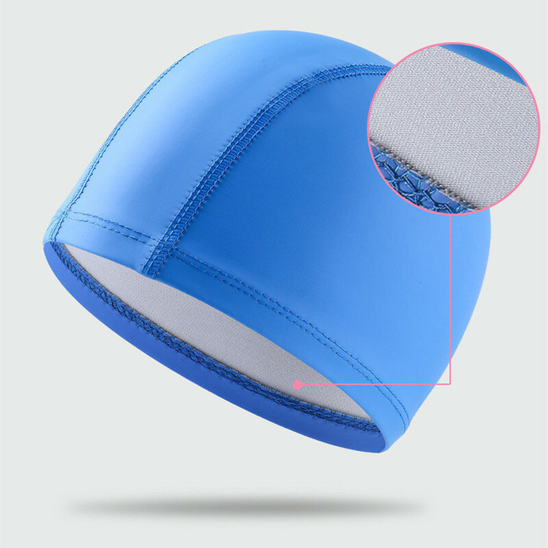 Topi Renang Dewasa PU Topi Kolam Renang Tahan Air Warna Solid Elastis Melindungi Telinga Rambut Panjang Topi Menyelam Topi Mandi Ukuran Bebas