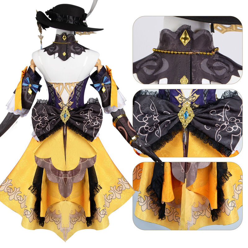 Genshin Impact Navia Cosplay Costume pour femme, ensemble de perruque et chapeau, uniforme de robe, fête d'Halloween pour filles