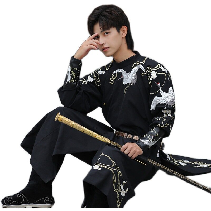 Men Chinese Traditional Embroidered Crane Hanfu Dress Tang Suit Oriental Fashion Robes Cardigan Yukata Party Cosplay Costumes