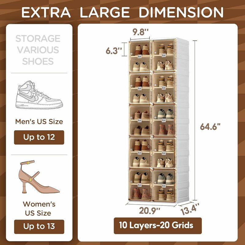 Caja de almacenamiento de armario de zapatos, Zapatero plegable portátil, armario de zapatos deportivo grande con 10 estantes-20 compartimentos