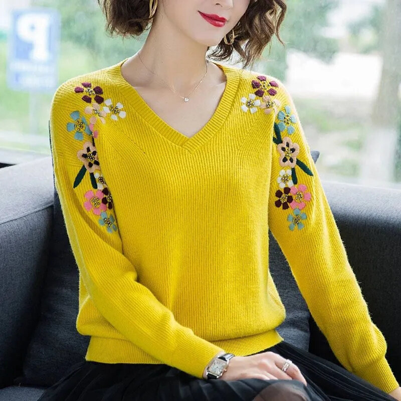 2023 nuove donne maglione lavorato a maglia Pullover Femme moda fiore ricamato maglieria maglioni di base maglione Casual sciolto top