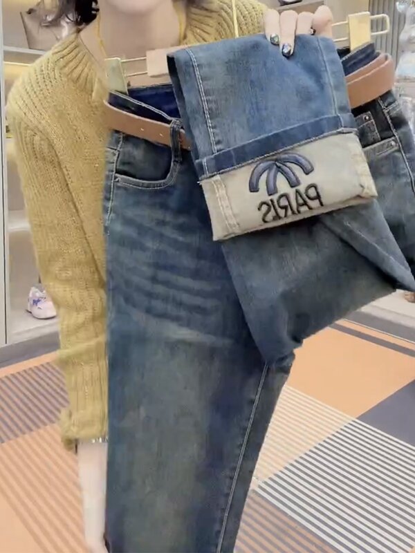 Y2k celana Jeans wanita 2023, celana Denim kaki lurus ukuran besar pelangsing pinggang tinggi melar, celana pipa sembilan menit