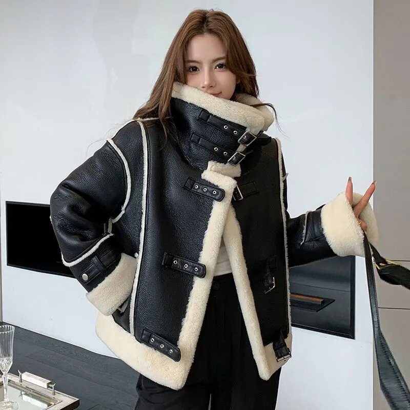 2023 Autumn/Winter New Stand Up Collar Lamb Wool Composite Fur Integrated Outerwear Women Short Sheep Cut Fleece Coat Fur Female