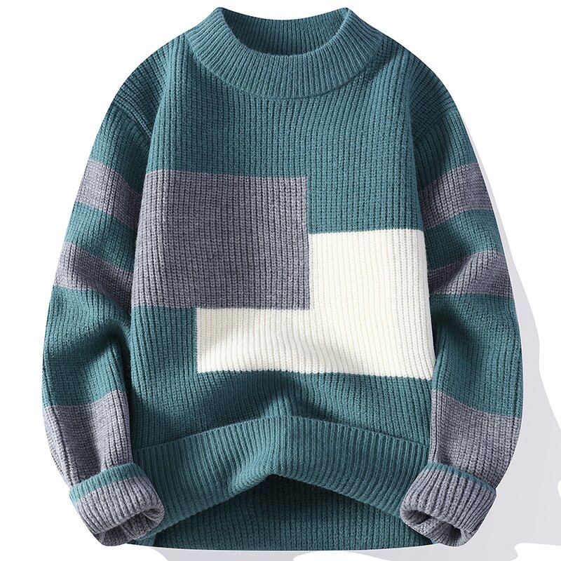 Suéter de lã quente masculino, pulôveres masculinos, emendando padrões de cores, estilo coreano, moda, Inverno, 2022