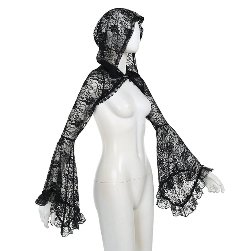 Женская прозрачная кружевная толстовка в стиле готический панк с цветочным принтом, винтажная эстетичная расклешенная накидка с