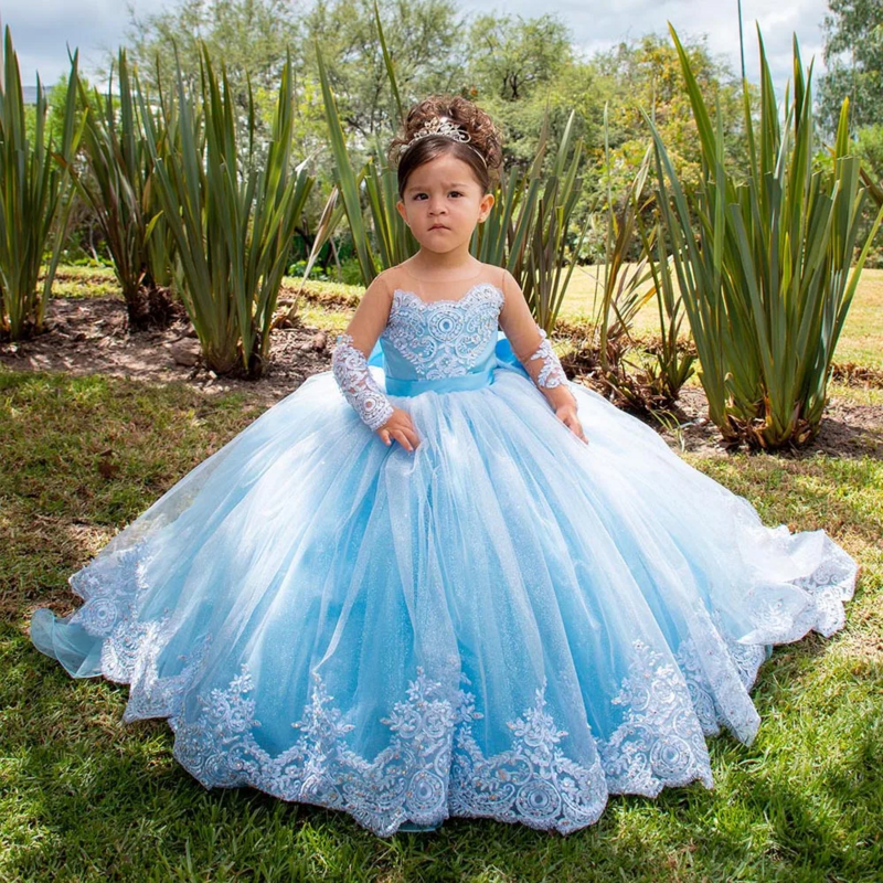 Koronkowe aplikacje sukienki dla dziewczynek na wesele pełne rękawy księżniczka pierwsza sukienka komunijna małe dzieci długie suknie na przyjęcie urodzinowe