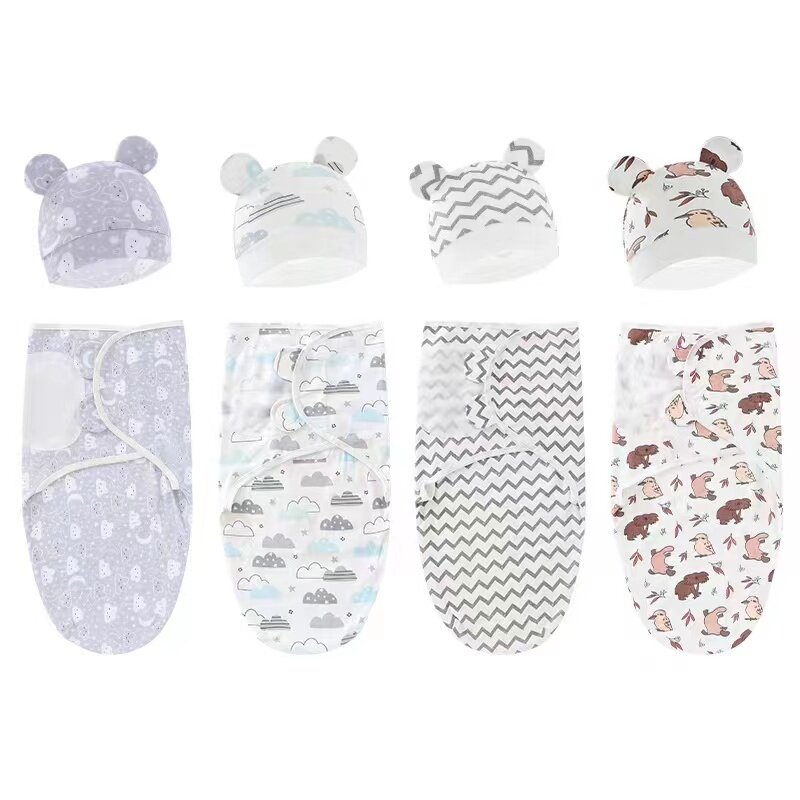 2ชิ้นชุดนอนเด็กแรกเกิดผ้าฝ้ายหมวกคลุมผ้าห่มห่อทารกเด็กทารกปรับได้ใหม่ถุงนอนผ้ามัสลินผ้าห่ม0-6เมตร