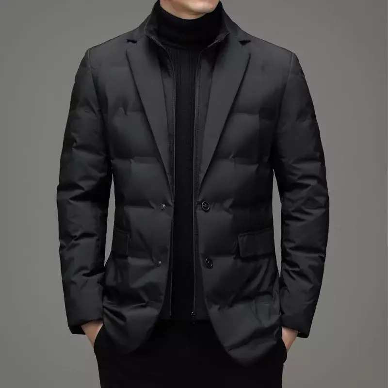 Chaqueta de plumón con cuello alto para hombre, blazer cálido falso de dos piezas para negocios y ocio, novedad de invierno, 2024