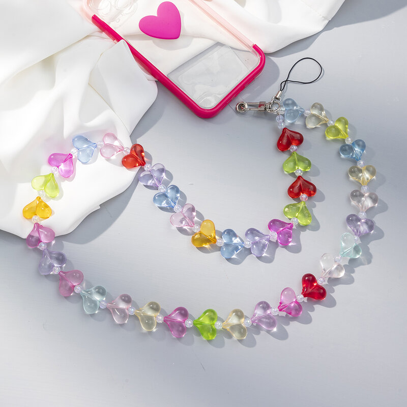 Lanière de téléphone portable en acrylique perlé en forme de cœur pour femme, longue sangle anti-perte, bijoux à la mode