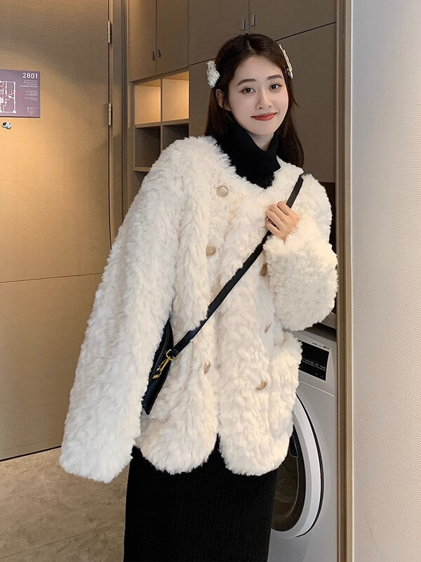 White Lamb Fur Coats Round Collar Double-Breasted Thicken Soft Fleece Jacket Fall Winter Women Warm Outerwear