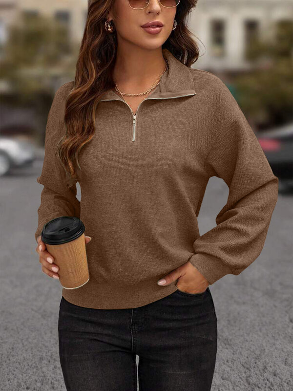 Новинка 2024, осень/зима, вязаный тканевый свободный свитер TEMU на молнии с длинным рукавом для женщин