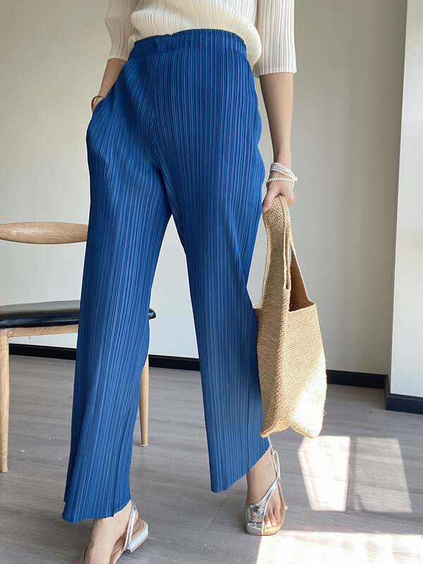 Брюки Miyake женские прямые плиссированные, классические повседневные модные штаны с завышенной талией, в Корейском стиле, темно-синие, весна-лето-осень 2023