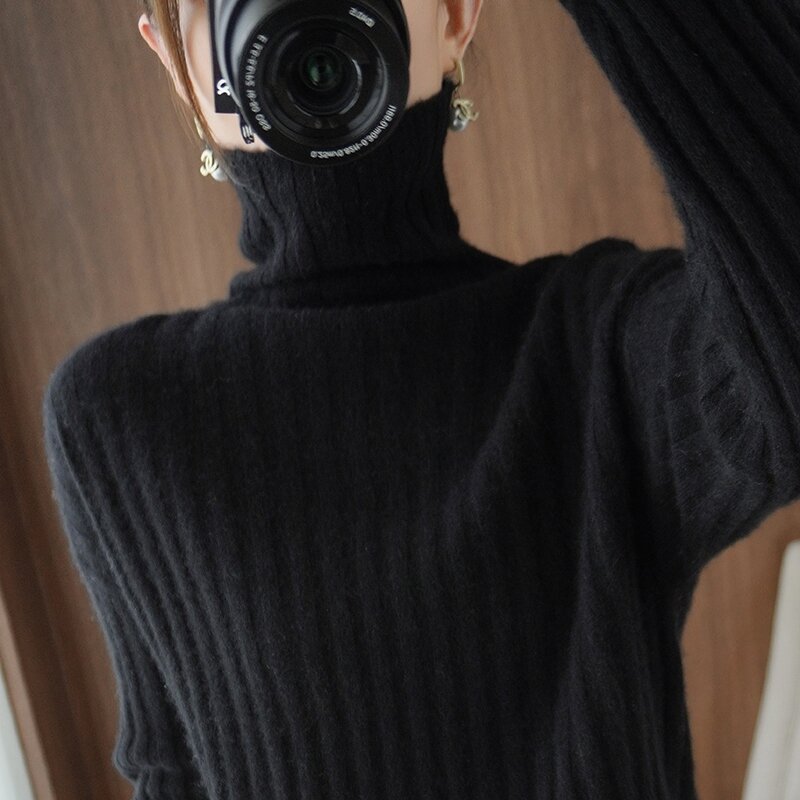 Sweter Wol Murni Wanita Tumpukan Leher Drop Bahu Pit Bar Rajutan Pakaian Musim Dingin Pullover Kasual Mendasari Sweater Kasmir Padat