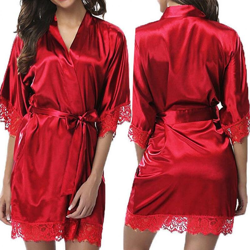 Women Iace Silk Pajamas Robes Stain Lady Sleeping Gown Half Sleeve Sexy Lace Loose Soft Women Bathrobe Sleepwear Nightgown