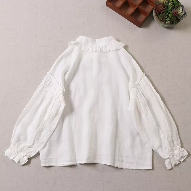 Spring Summer Japan Style Mori Girl Peter Pan Collar Cotton Linen Shirt Women Lantern Sleeve Retro Solid Color Loose Blouse Tops