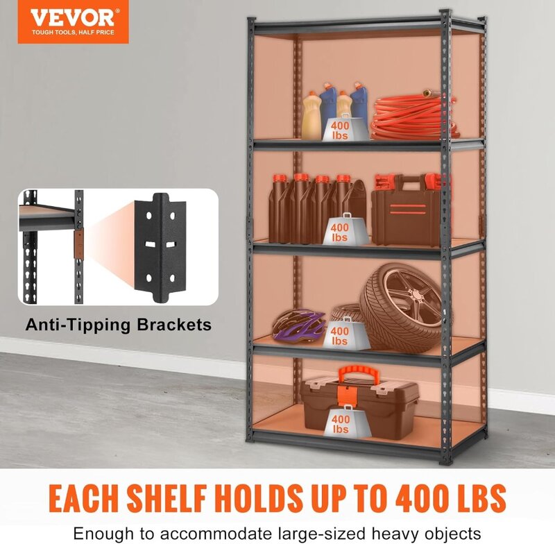 VEVOR Storage Shelving Unit, 5-Tier Adjustable, 2000 lbs Capacity, Heavy Duty Garage Shelves Metal Organizer Utility Rack