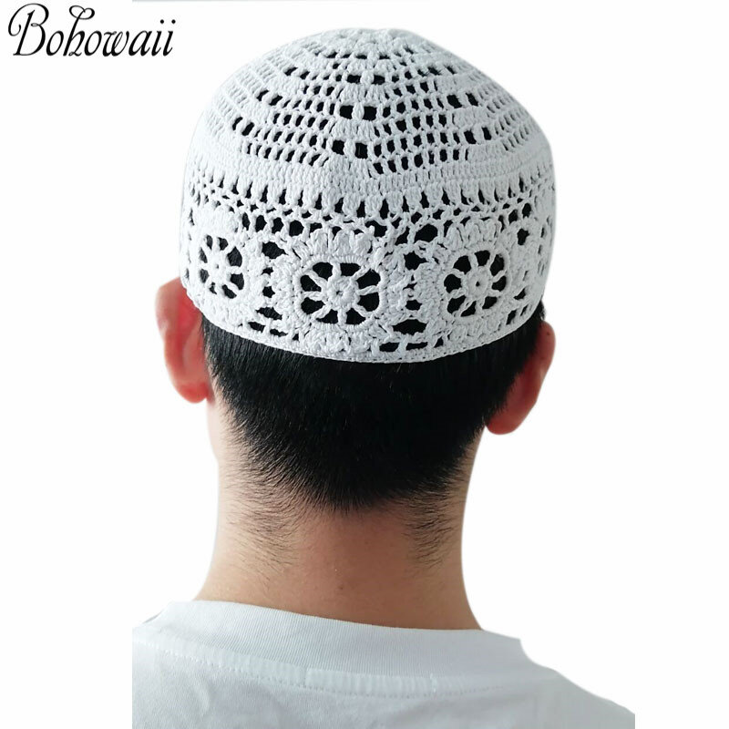 BOHOWAII-Algodão Crochet Oração Chapéu para Homem Muçulmano, Handmade Cap, Confortável, Arábia Saudita, Homem