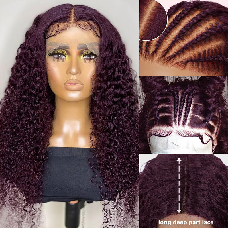 Ciemna bordowa koronkowa peruka z przodu ludzkie włosy 13x4 fioletowa głęboka fala frontalna peruka ludzkie włosy HD koronkowa peruki z kręconymi włosami dla kobiet wstępnie oskubane