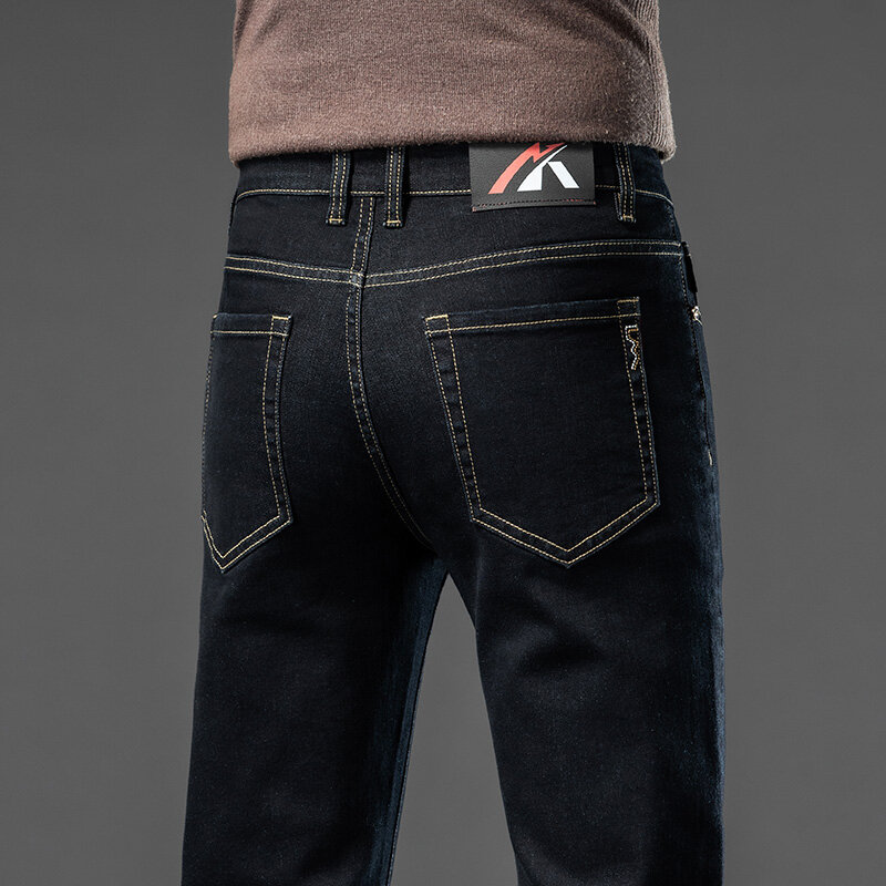 Jeans Stretch Straight Casual Masculino, Calças de bolso estampadas, finas, macias, elásticas, jeans, azul, preto, roupas masculinas, na moda
