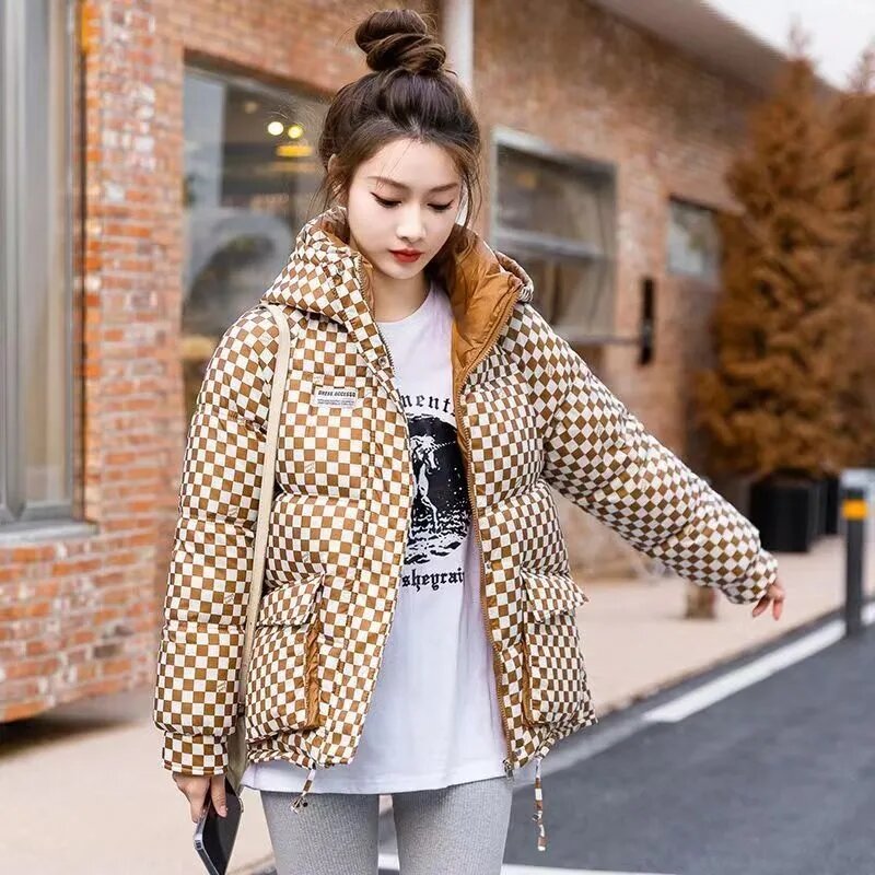Winter Plaid Basic Coat 2023 New Women's Cotton padded Thicken Coat Short Student Loose Hooded Parkas Outwear Female Casual Tops