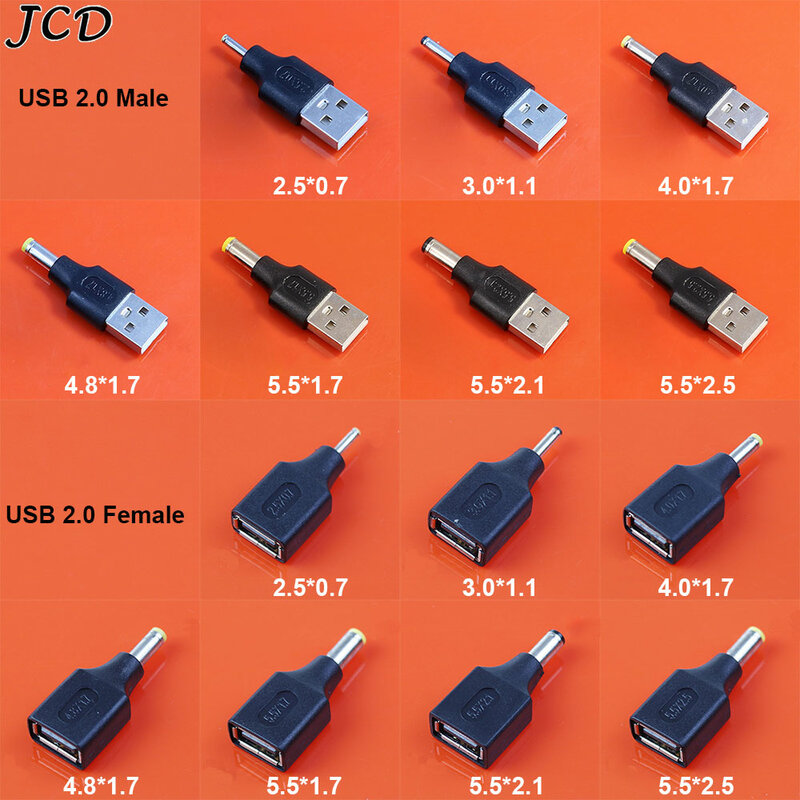 JCD 1 buah adaptor steker daya USB ke 5.5*2.5 5.5x2.1 4.8x1.7 4.0*1.7 5.5*1.7 2.5*0.7 3.0*1.1 3.5x1.35mm konektor Jack DC