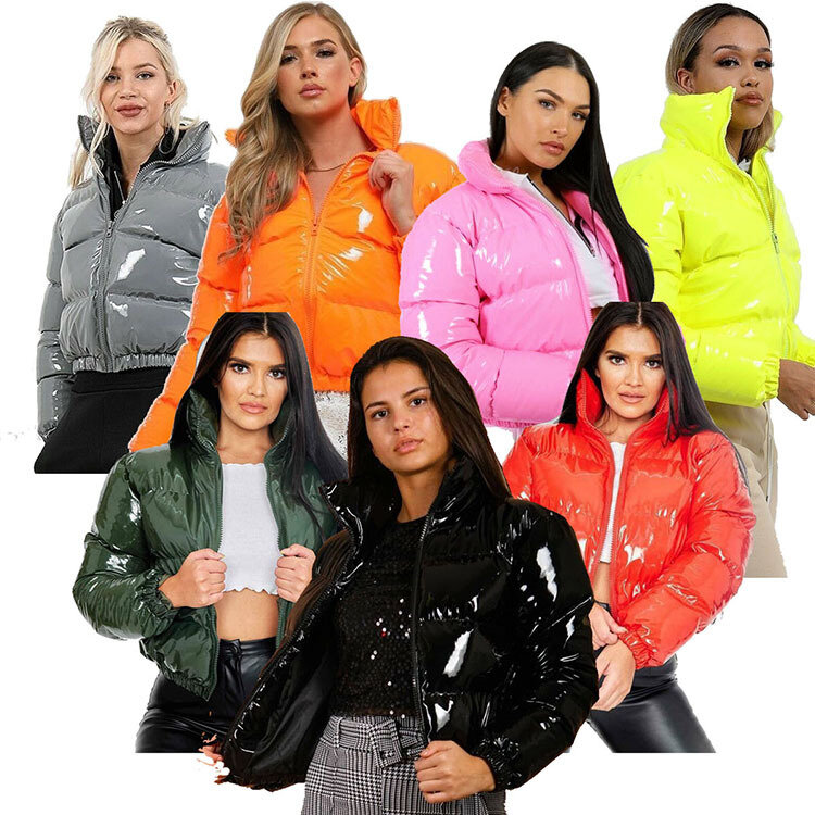 Autumn and Winter Cotton-padded Clothing Bright Metal Short Women's Cotton-padded Jacket Fashion Street Lapel Zipper Long Sleeve