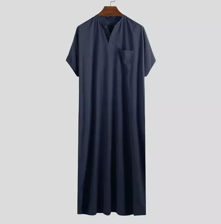Nowa letnia muzułmańska bliskowschodnia arabska sukienka dubajska malezja jednokolorowa długa sukienka z krótkim rękawem muzułmańska szata męska odzież codzienna