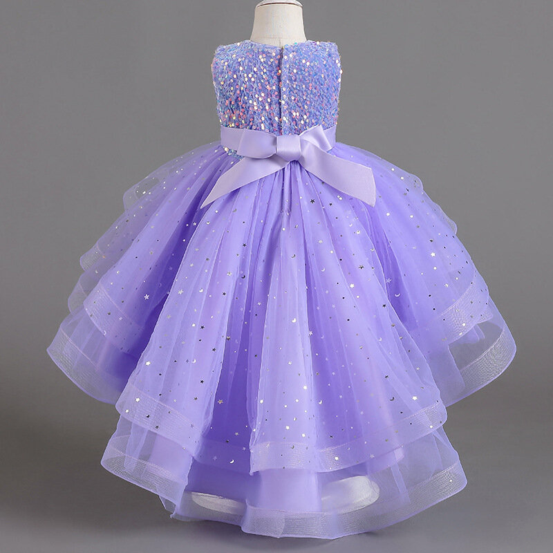 Vestido de princesa de flores para niños, purpurina hinchada, pasarela, espectáculo, TrailingO, cuello sin mangas, vestidos de línea a para niñas