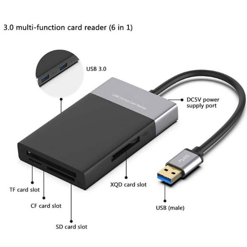 อะแดปเตอร์เครื่องอ่านการ์ดบัตร TF SD CF XQD เครื่องอ่านการ์ดฮับ3.0 USB แบบ6in1สำหรับ Windows