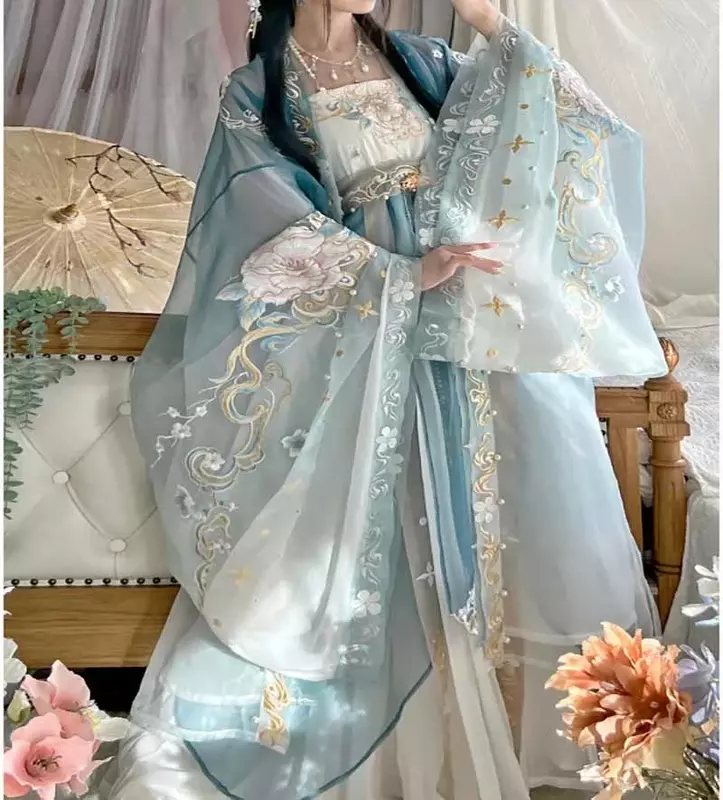 Sukienka Hanfu kobiety Gradient niebieski wysokiej jakości haft tradycyjny chiński Vintage Hanfu zestawy kobiece karnawał Cosplay kostium