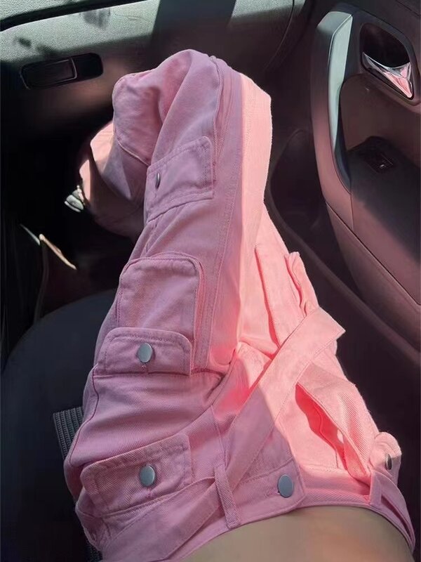 Amerykańskie różowe dżinsy cargo z wieloma kieszeniami dla kobiet, hip-hopowy pasek gotyku, luźne spodnie z prostą nogawką