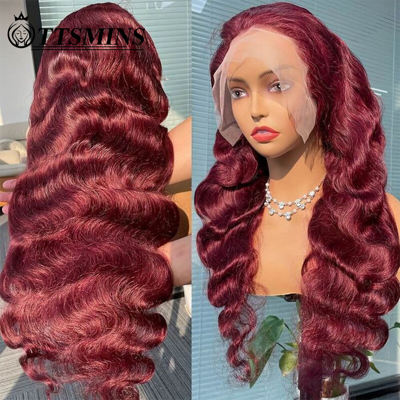 99J цветной парик, человеческие волосы, бордовые перуанские кружевные передние человеческие волосы, парики для женщин 13x4, волнистые передние парики на сетке, предварительно выщипанные