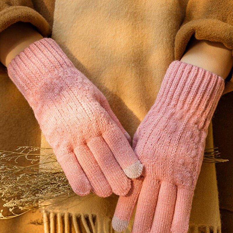 Warm Full Finger Gloves Winter Touch Screen Gloves Plus Fleece Gloves Woman Thickening Wool Knitted Cycling Driving Gloves
