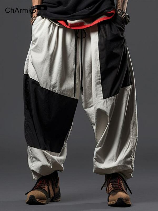 Modne ChArmkpR 2024 letnie długie spodnie męskie patchworkowe luźne spodnie ściągany sznurkiem w pasie długie spodnie Oversized Streetwear