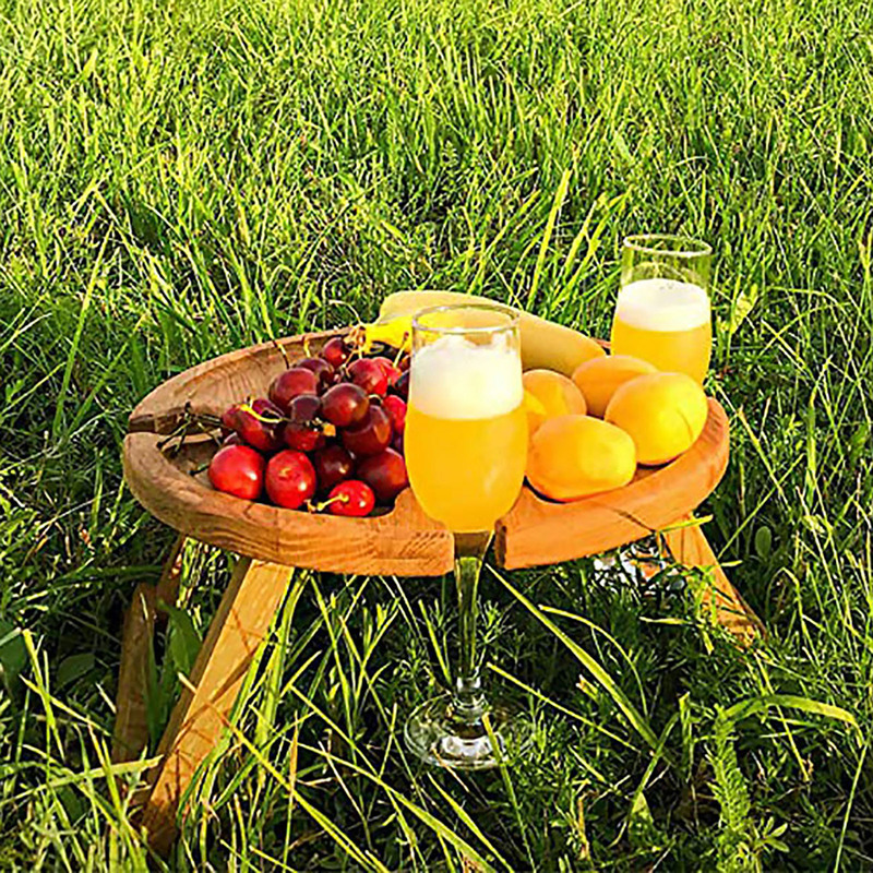 Mesa de piquenique dobrável portátil ao ar livre de madeira, bandeja de queijo, mesa dobrável, cremalheira do vinho, mesa de frutas turísticas, acampamento