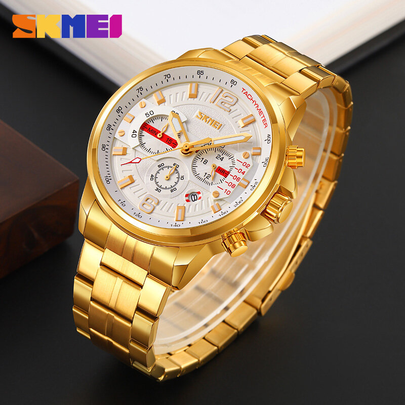 SKMEI-relógio de pulso masculino quartzo aço inoxidável com cronômetro data, relógio luminoso, moda luxo original